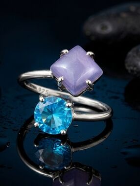 925 Sterling Silver Genuine Blue Topaz Amethyst Open Bypass Ring Size 7.75